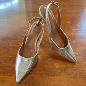 ASOS DESIGN Gold Metallic Snakeskin Pointed Toe Slingback Heels Size 8